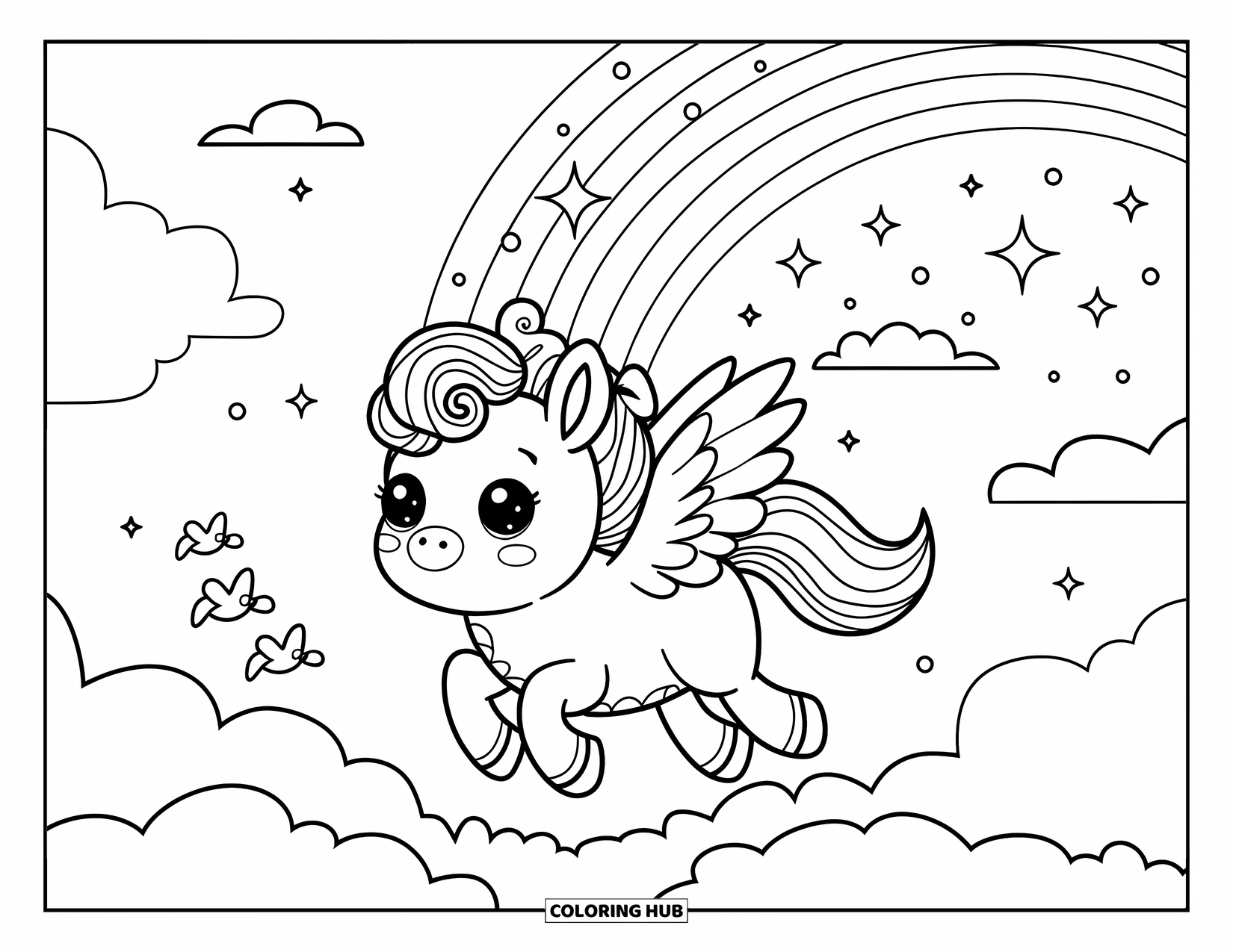 Paarden Kleurplaat voor Volwassenen: Een kleine pegasus met korte vleugels vliegt vrolijk door wolken en sterren