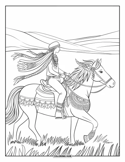 Coloriage de cheval pour adultes : Une voyageuse aux foulards et aux bijoux chevauche un cheval avec des plumes dans la crinière