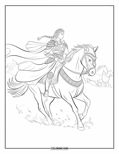 Coloriage de cheval pour adultes : Une reine guerrière en armure guide son cheval à travers un champ de bataille noyé de brume