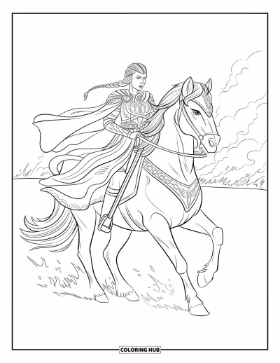 Coloriage de cheval pour adultes : Une reine guerrière chevauche un puissant étalon à travers un champ de bataille brumeux