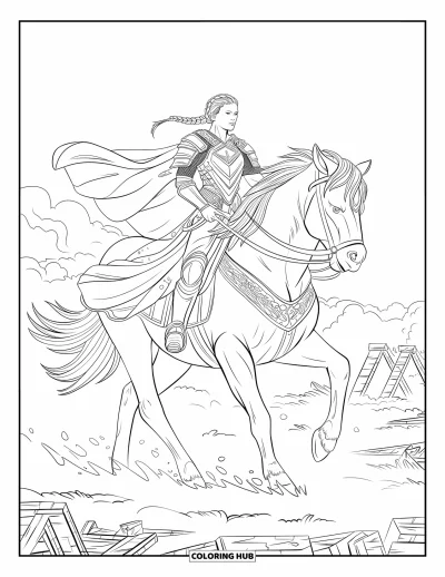 Coloriage de cheval pour adultes : Une reine guerrière chevauche un étalon à travers un champ de bataille avec des ruines