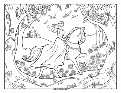 Coloriage de cheval pour adultes : Une femme en robe monte un cheval dans une forêt avec un château au loin