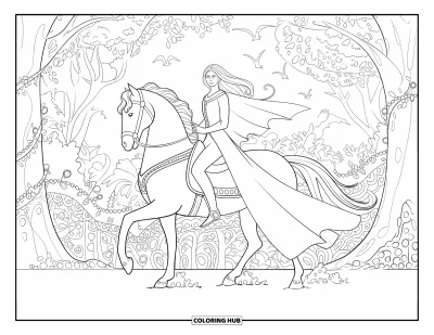 Coloriage de cheval pour adultes : Une femme en robe médiévale monte un cheval à travers une forêt avec des lianes et des oiseaux