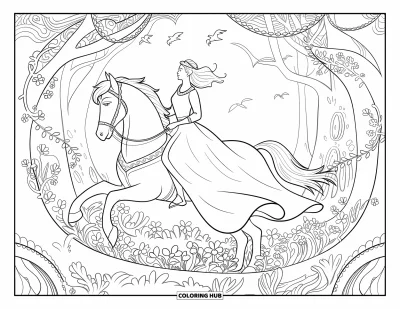 Coloriage de cheval pour adultes : Une femme en robe médiévale monte un cheval à travers une forêt enchantée