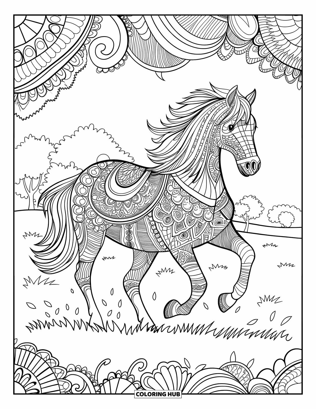 Paardenkleurplaat voor volwassenen: Een Zentangle-paard galoppeert op gras met bomen en wervelende patronen erachter