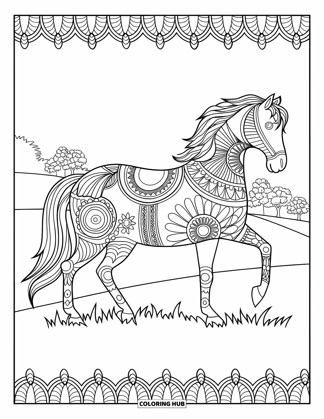 Paardenkleurplaat voor volwassenen: Een Zentangle-paard staat op gras met een decoratieve rand rond de afbeelding