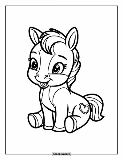 Coloriage de cheval pour enfants : Un bébé cheval avec une tache en forme de cœur est assis joyeusement au sol
