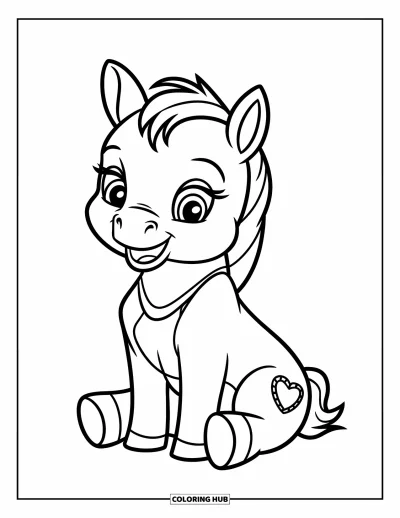 Coloriage de cheval pour enfants : Un bébé cheval avec une tache en forme de cœur s'assoit joyeusement
