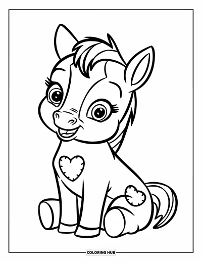 Coloriage de cheval pour enfants : Un bébé cheval avec une tache en forme de cœur est assis joyeusement avec de grands yeux ronds