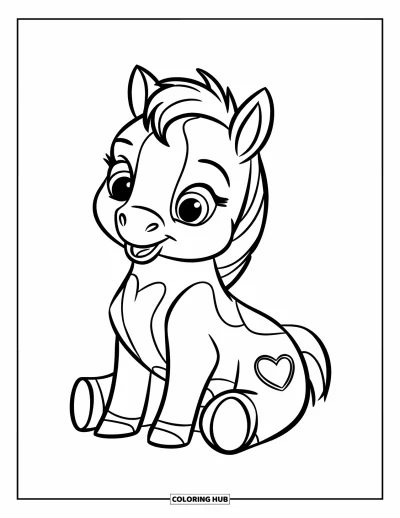 Coloriage de cheval pour enfants : Un bébé cheval avec une tache en forme de cœur est assis joyeusement avec de grands yeux