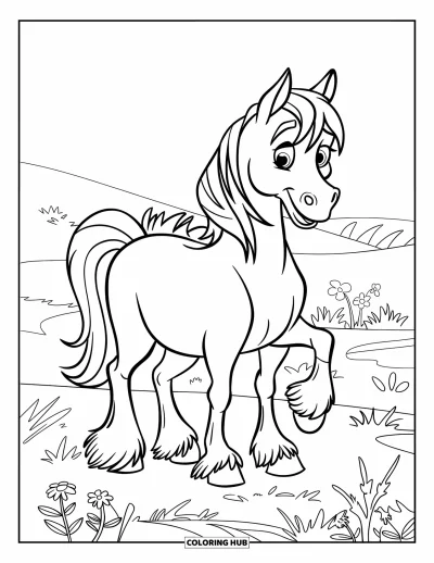 Coloriage de cheval pour enfants : Un bébé cheval aux grands yeux et à la tache en forme de cœur est assis joyeusement