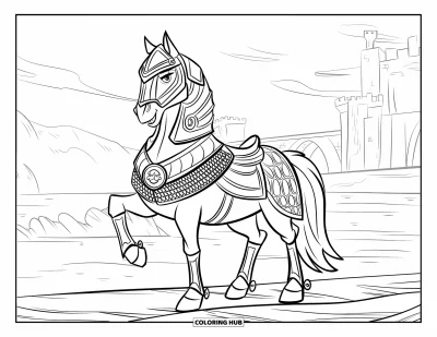 Coloriage de cheval pour enfants : Un cheval en armure de combat se tient fièrement devant un château et un pont