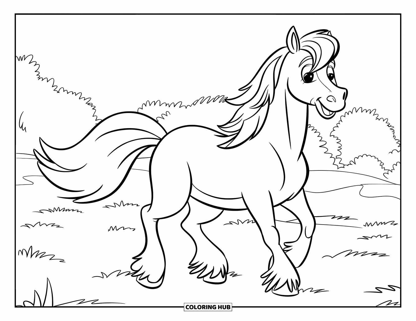 Paarden Kleurplaat voor Kinderen: Een cartoonpaard zwiept speels met zijn oversized staart in een veld