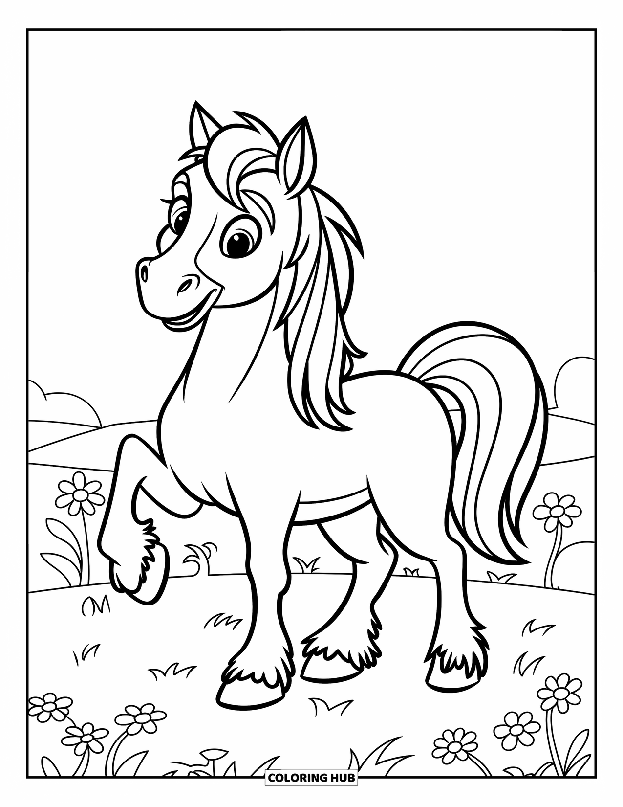 Paarden Kleurplaat voor Kinderen: Een cartoonpaard met grote hoeven staat vrolijk op een weide