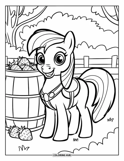 Coloriage de cheval pour enfants : Un cheval de dessin animé aux grands sabots se tient joyeusement dans un pré herbeux