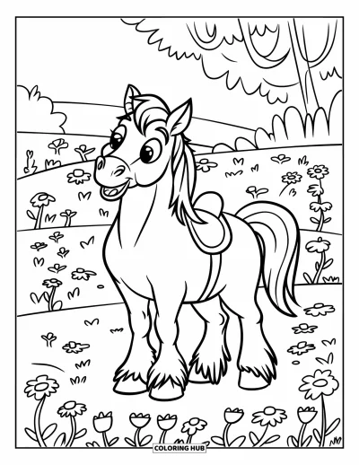 Coloriage de cheval pour enfants : Un bébé cheval joyeux avec une tache en forme de cœur est assis au sol