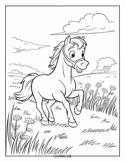 Coloriage de cheval pour enfants : Un cheval joyeux court gaiement dans une prairie verte