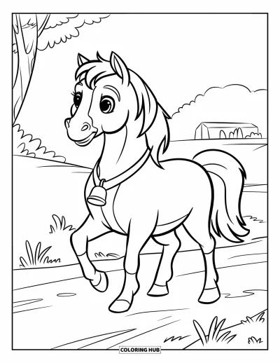 Coloriage de cheval pour enfants : Un cheval joyeux trotte le long d'un chemin de terre avec des arbres à proximité