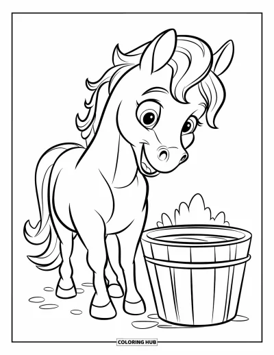 Coloriage de cheval pour enfants : Un cheval joyeux à la crinière bouclée se tient près d'un seau d'eau