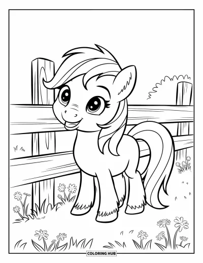 Coloriage de cheval pour enfants : Un poney joyeux aux pattes courtes se tient près d'une clôture