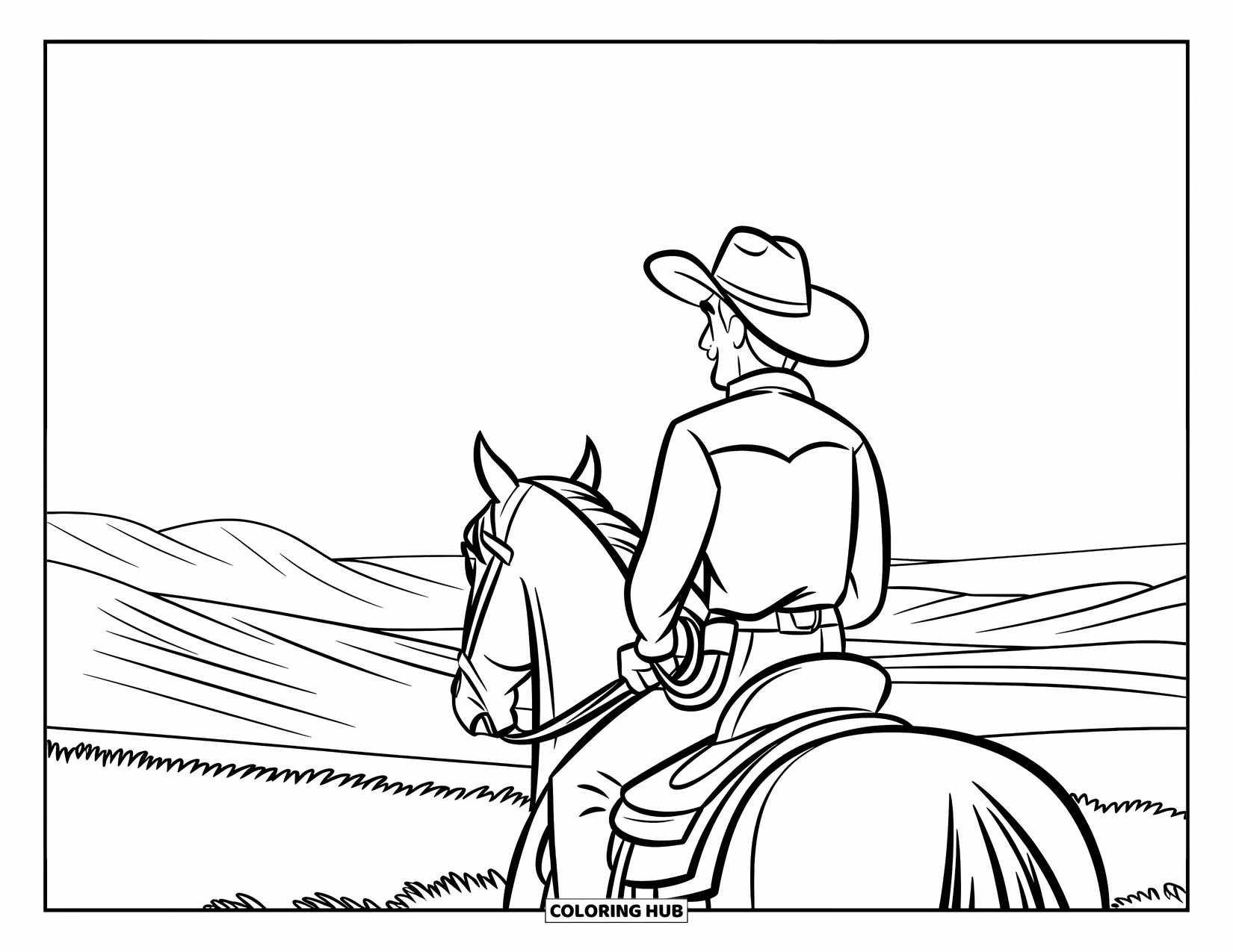 Paarden Kleurplaat voor Kinderen: Een cowboy op zijn paard kijkt naar glooiende heuvels in de verte