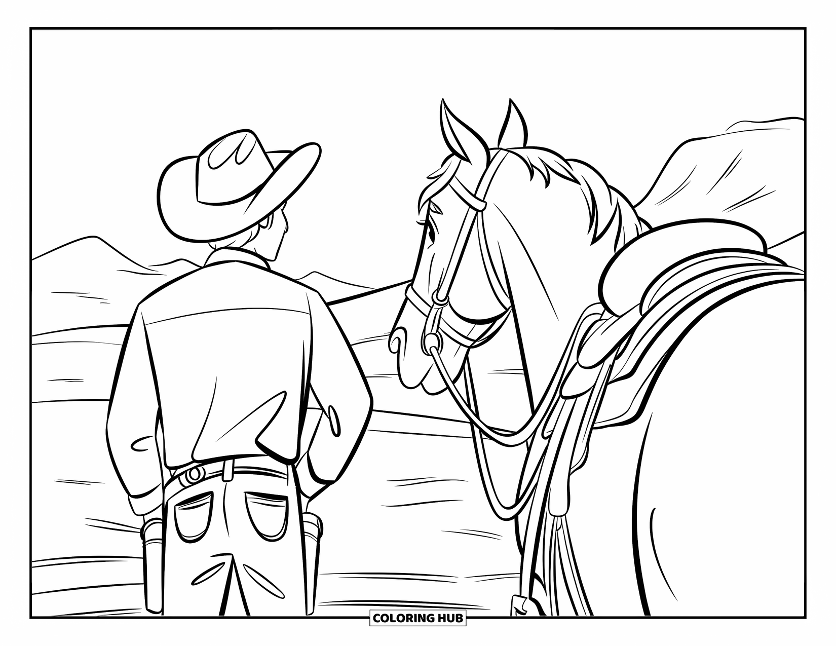 Paarden Kleurplaat voor Kinderen: Een cowboy te paard kijkt uit op bergen en open vlaktes