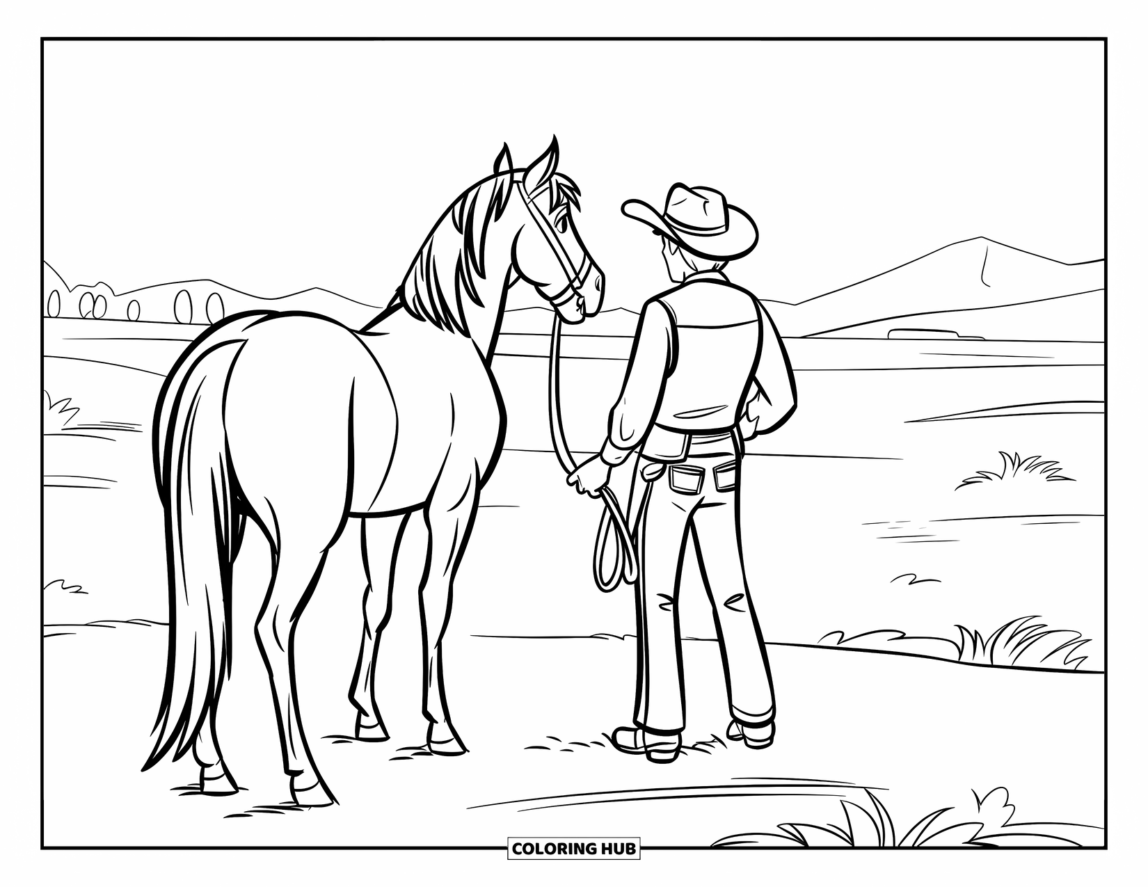 Paarden Kleurplaat voor Kinderen: Een cowboy met zijn paard staat op de vlakte en kijkt naar verre bergen