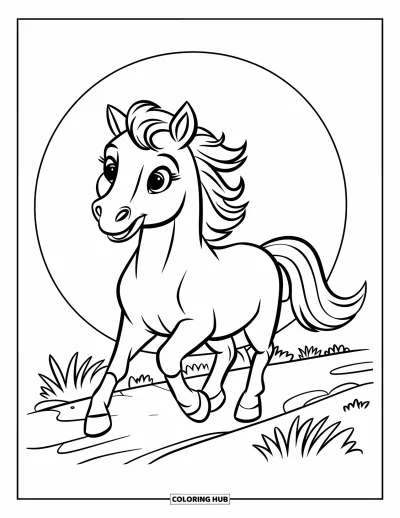 Coloriage de cheval pour enfants : Un adorable cheval trotte sur un sentier entouré d'arbres et de collines