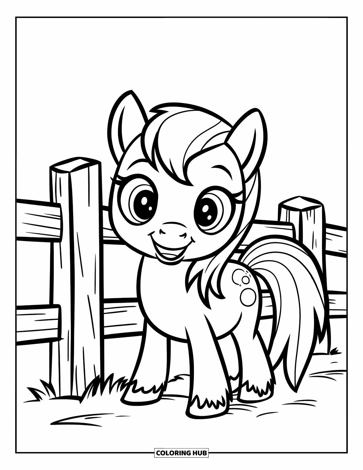 Paarden Kleurplaat voor Kinderen: Een schattige pony met korte benen lacht naast een houten hek