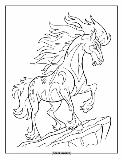 Coloriage de cheval pour enfants : Un cheval ardent à la crinière en flammes se tient puissamment sur un sol rocailleux