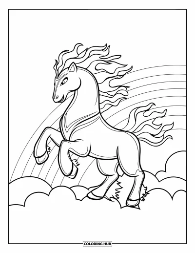 Coloriage de cheval pour enfants : Un cheval ardent avec une tête de lion se tient hardiment sur un nuage