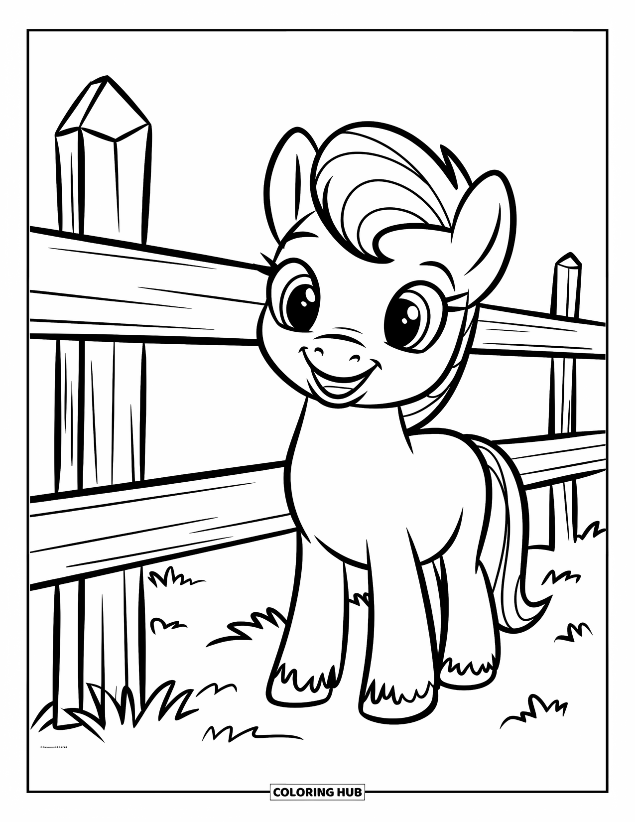 Paarden Kleurplaat voor Kinderen: Een pony met een pluizige manen lacht naast een houten hek in een weide