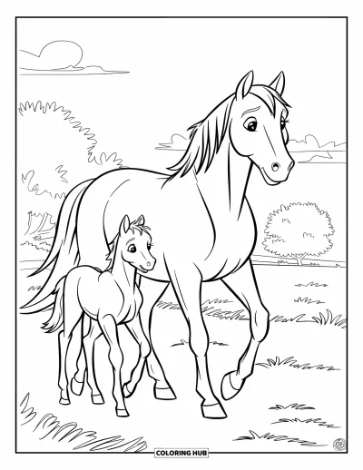 Coloriage de cheval pour enfants : Un poulain suit sa mère dans un pré herbeux avec des arbres