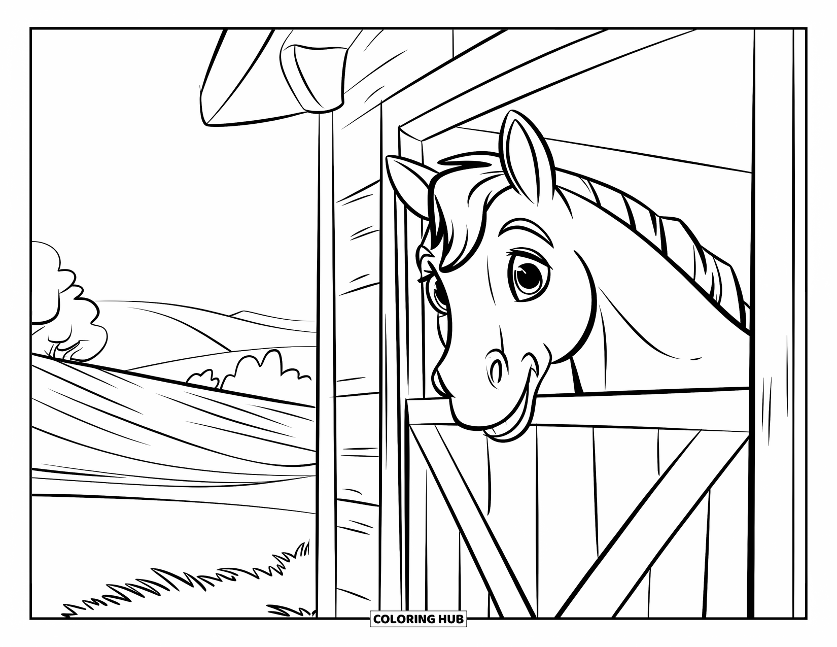 Paarden Kleurplaat voor Kinderen: Een veulen kijkt op naar een groter paard in een grasveld