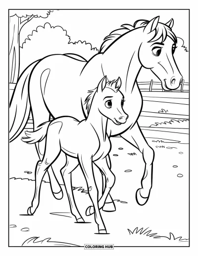 Coloriage de cheval pour enfants : Un poulain trotte joyeusement derrière sa mère dans un pâturage paisible