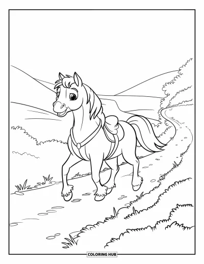 Coloriage de cheval pour enfants : Un cheval amical passe curieusement la tête par la porte d'une grange
