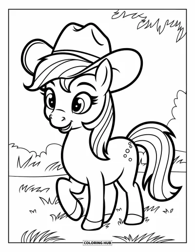 Coloriage de cheval pour enfants : Un poney amical avec un chapeau de cowboy se tient dans un champ de fleurs