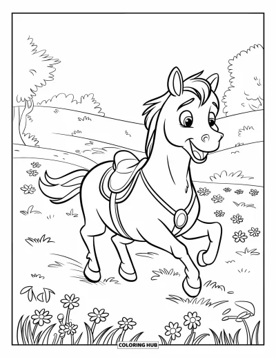 Coloriage de cheval pour enfants : Un cheval heureux court dans une prairie avec des fleurs et des arbres