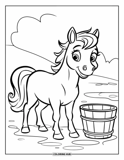 Coloriage de cheval pour enfants : Un cheval heureux aux yeux adorables se tient près d'un seau d'eau