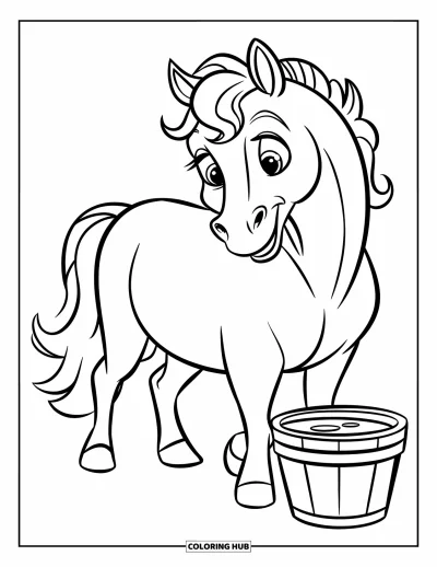 Coloriage de cheval pour enfants : Un cheval heureux à la crinière bouclée se tient près d'un seau d'eau