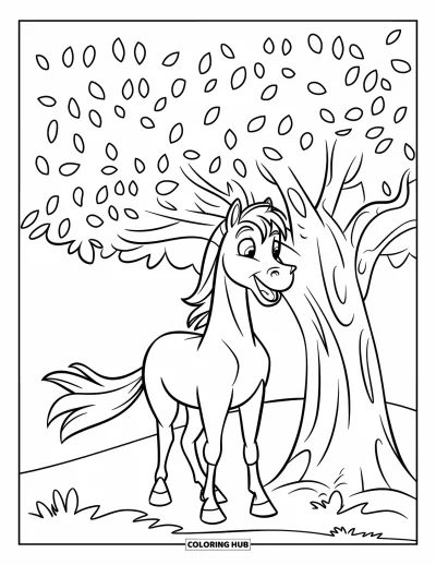 Coloriage de cheval pour enfants : Un poney heureux se tient avec un papillon sur son nez dans un champ