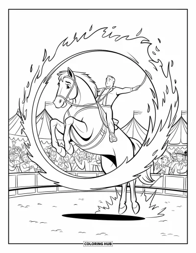 Coloriage de cheval pour enfants : Un cheval et son cavalier sautent à travers un anneau de feu dans une piste de cirque