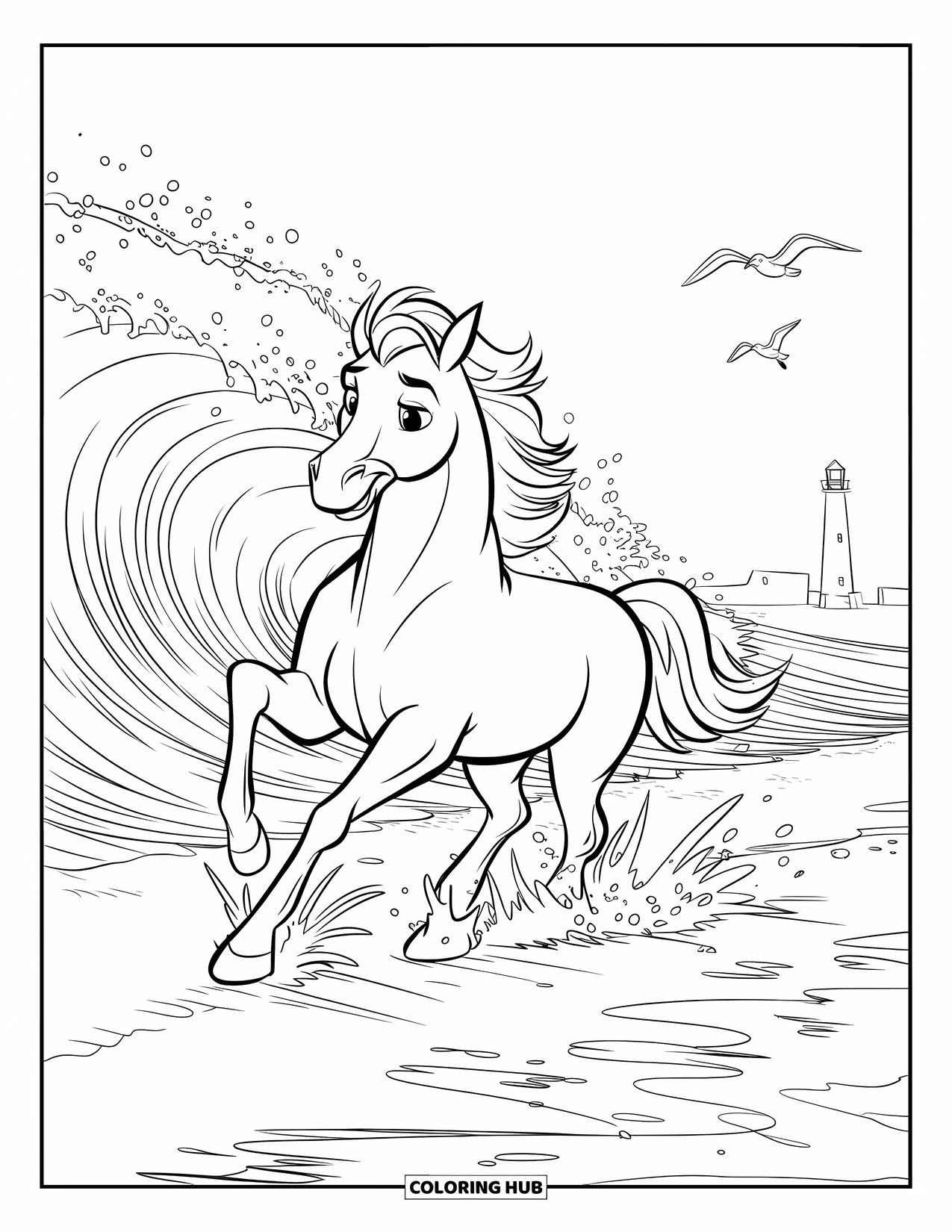 Paarden Kleurplaat voor Kinderen: Een paard stormt door golven op een strand, water spat hoog op