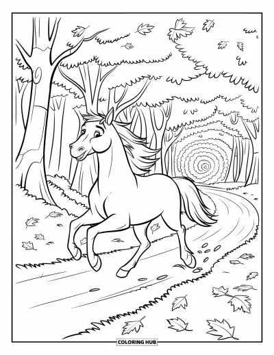 Coloriage de cheval pour enfants : Un cheval file sur un sentier forestier, entouré de feuilles d'automne qui tombent