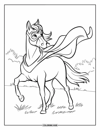 Coloriage de cheval pour enfants : Un cheval déguisé en super-héros se tient héroïquement avec une cape