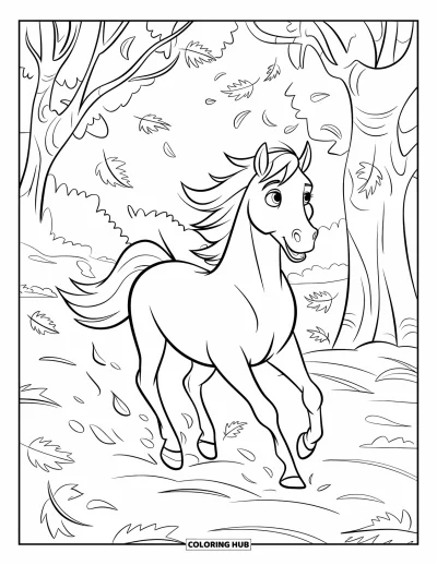 Coloriage de cheval pour enfants : Un cheval galope dans une forêt d'automne avec des feuilles emportées par le vent