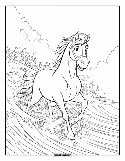 Coloriage de cheval pour enfants : Un cheval galope dans des vagues puissantes le long d'une côte rocheuse