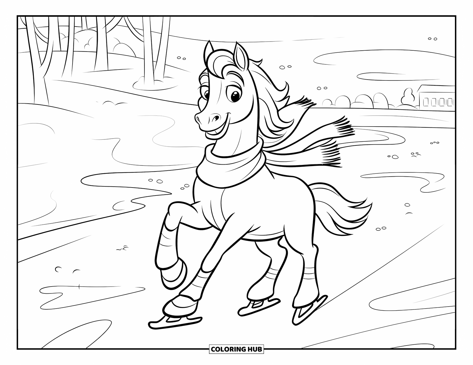 Paarden Kleurplaat voor Kinderen: Een paard schaatst op een vijver, met een warme winter sjaal