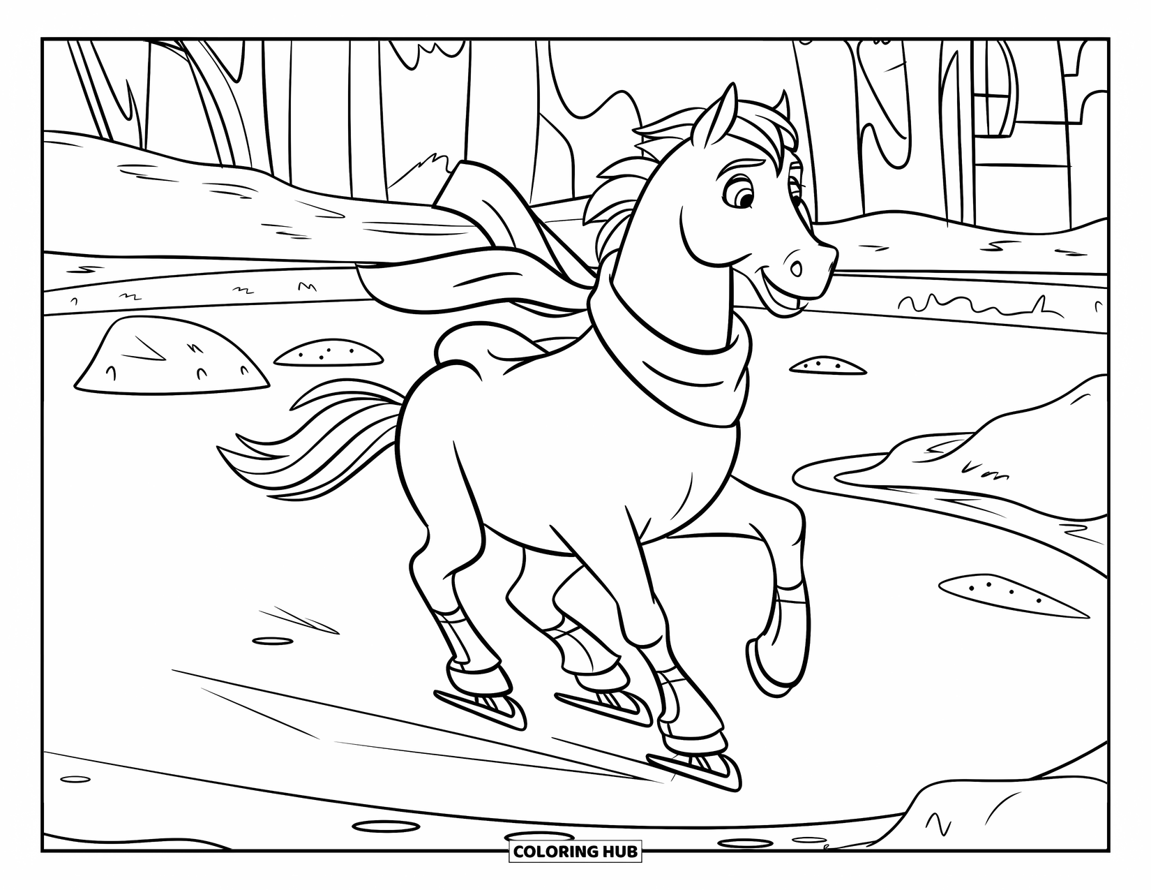 Paarden Kleurplaat voor Kinderen: Een paard met een sjaal glijdt over het ijs, omringd door besneeuwde bomen