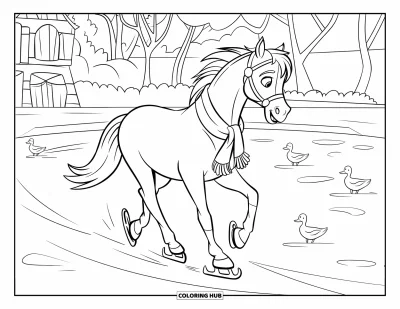 Coloriage de cheval pour enfants : Un cheval avec une écharpe d'hiver fait du patin à glace sur un étang gelé près d'arbres enneigés